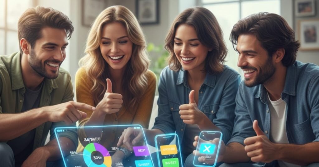 A realistic 2026 personal budgeting guide feature image showing happy young professionals using a holographic AI financial dashboard with 50/30/20 rule charts, featuring clickbait text 'BEAT INFLATION' and '7 SECRETS TO FINANCIAL FREEDOM'