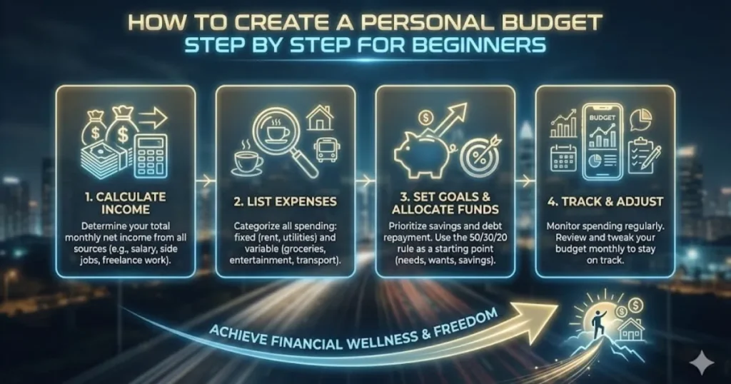 A high-tech digital tablet displaying a 2026 personal budget plan with AI-driven charts, glowing text saying "Unlock 6-Figure Savings," and a leather notebook on a modern office desk at sunset.